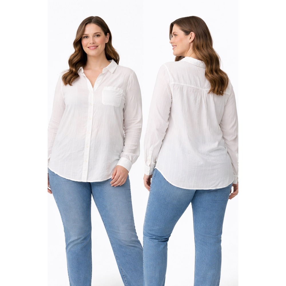 Old‎ Navy Classic Shirt Womens XL White Textured Dobby Stripe Button Down Blouse